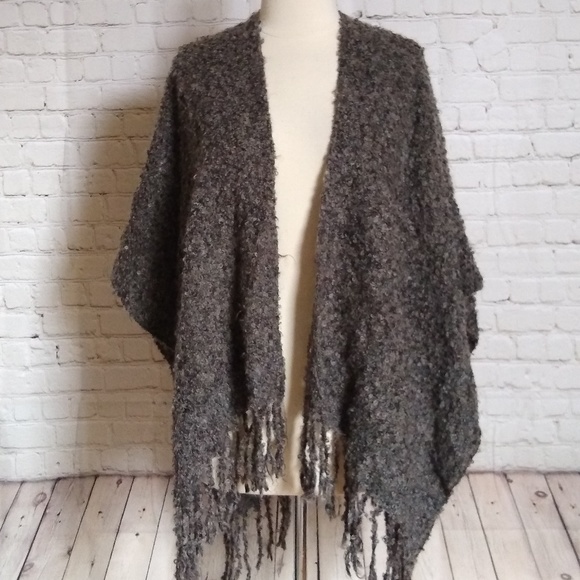 Cejon Sweaters - Cejon gray soft boucle fringe cape poncho sweater